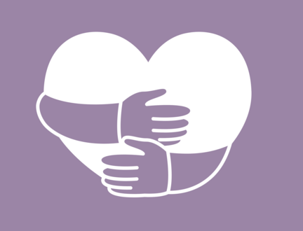 To arme omfavner et hvidt hjerte på en lyselilla baggrund.