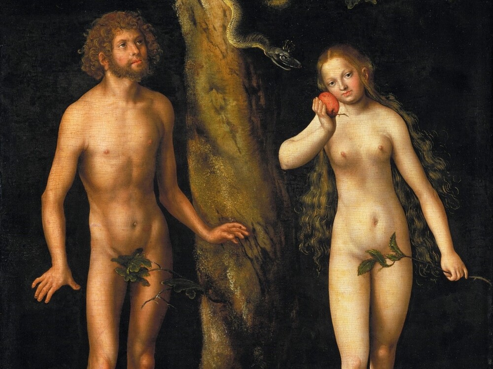 Adam og Eva ved kundskabens træ i Paradiset. Eva holder rødt æble i sin hånd. Maleri af Lucas Cranach 1512