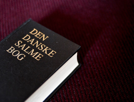 Den danske salmebog på bordeaux baggrund.