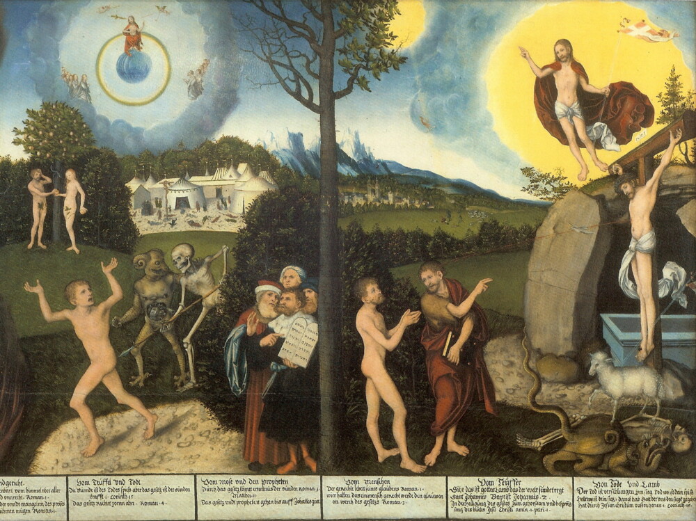 Maleri af Lucas Cranach 1529 forestiller i midten livets træ, til venstre side Djævelen, Adam og Eva til højre side Johannes Døberen, Guds lam og den opstandne Jesus