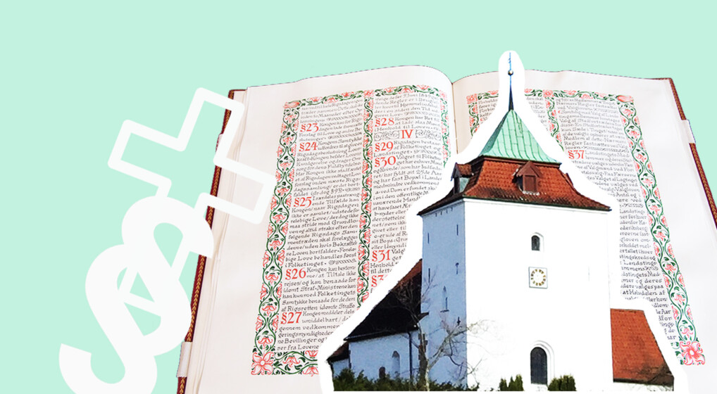 Kirke og stat illustreret ved Grundloven og en middelalderkirke