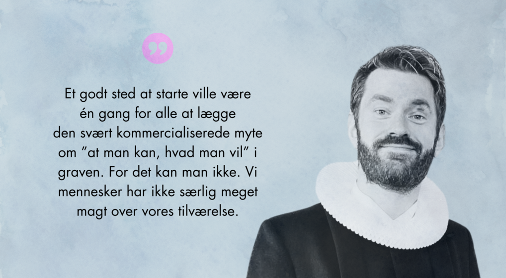 Portræt af Jakob Monberg Hansen ved siden af et citat fra teksten