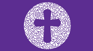 Folkekirkens logo på lilla baggrund