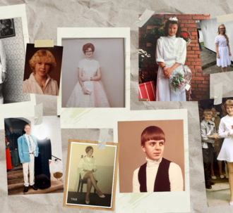 En kollage af billeder af konfirmander gennem forskellige tidsperioder.