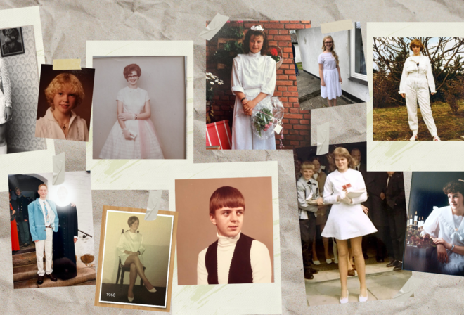 Kollage af billeder af konfirmander gennem tiden.